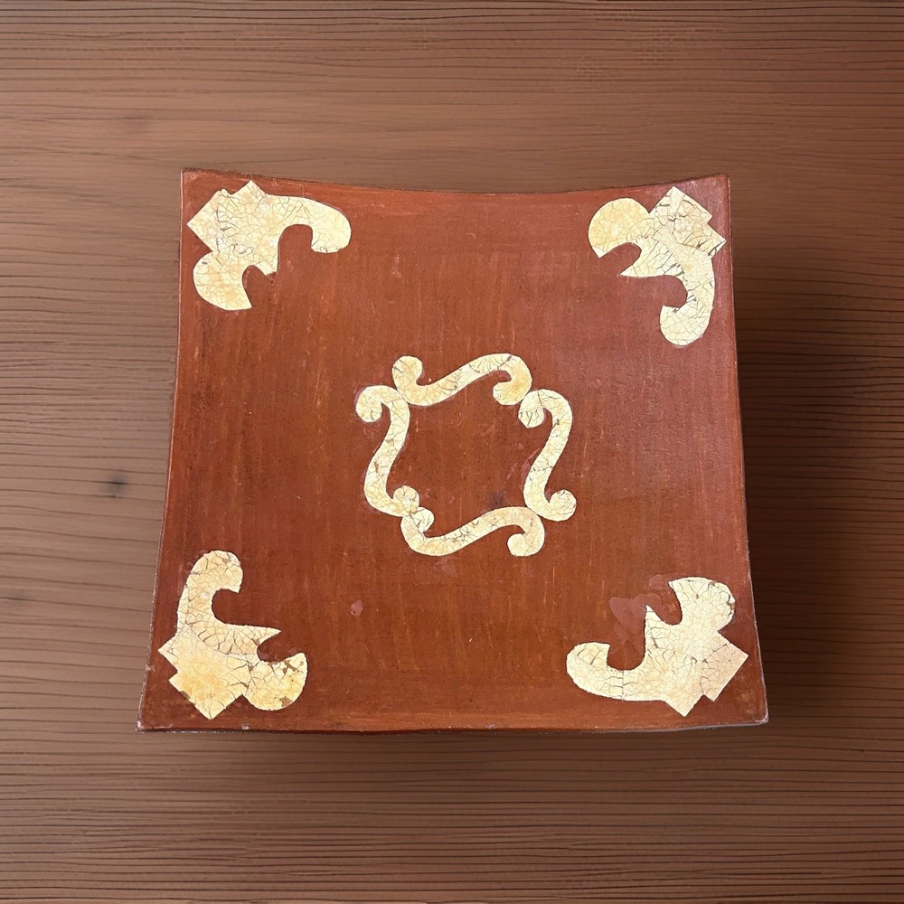 Square ceramic rounded Serving Tray 13 in Brown/Beige Scroll Pattern